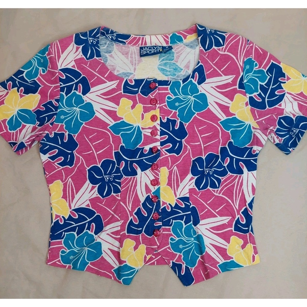 Vintage Womens Floral Crop Top Shirt Hawaiian Y2K Retro Summer M 1990s 1980s